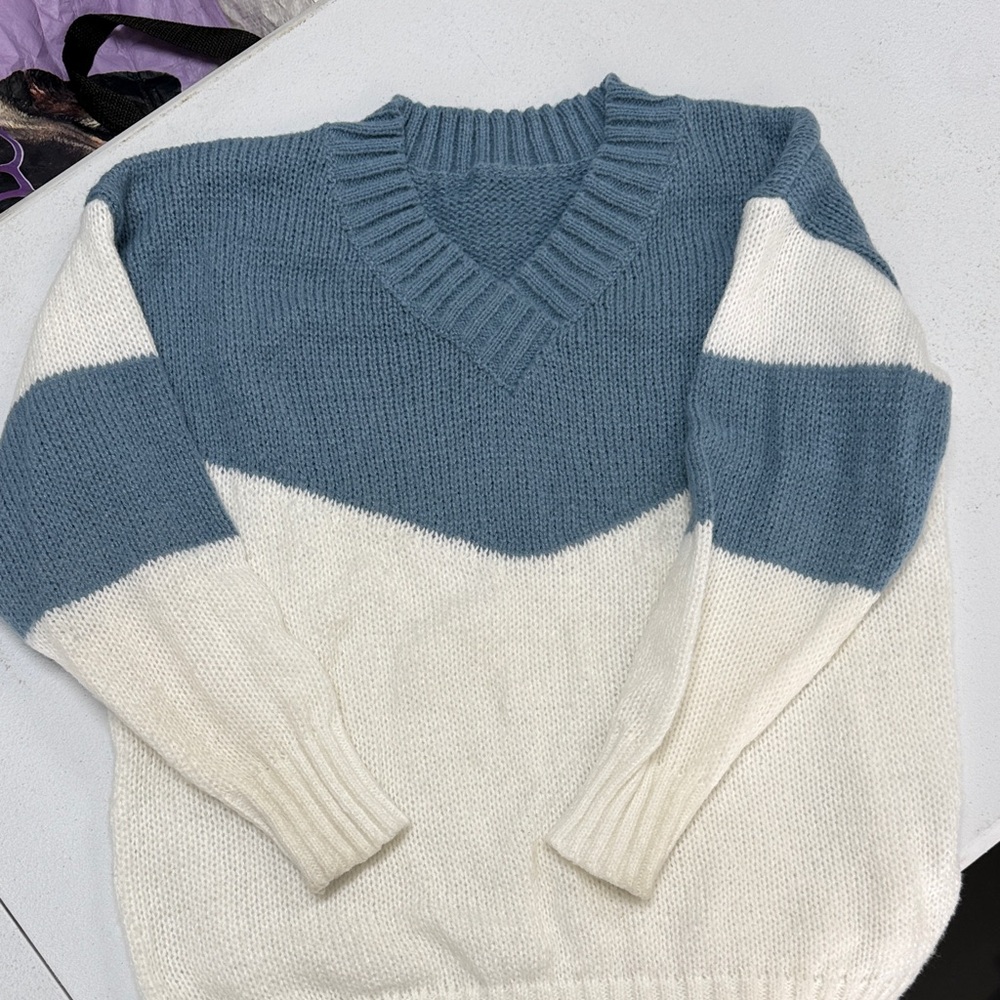 Blue and White V-Neck Sweater